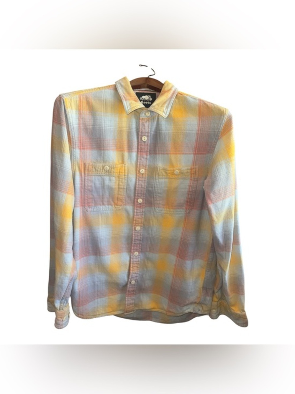 Roots Pastel Plaid Button-Down Shirt - Yellow, Blue, Pink Casual Cotton Flannel